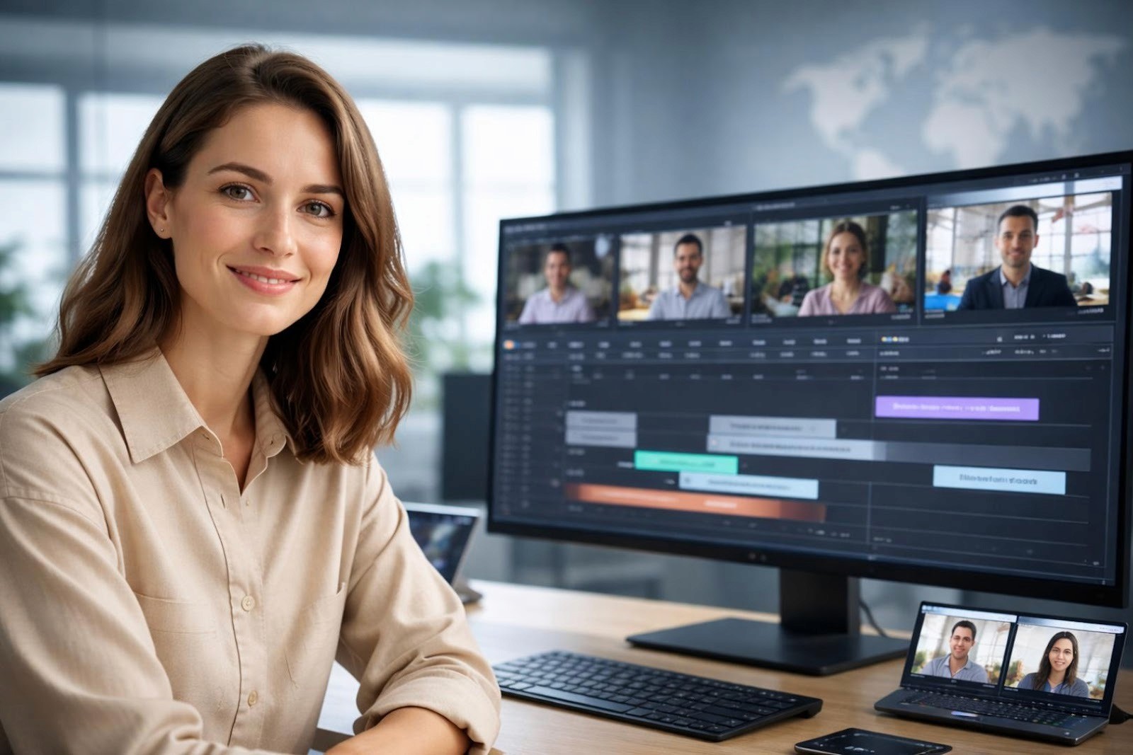 Content creator using AI dubbing and video translator software to localize multilingual video content on desktop workstation