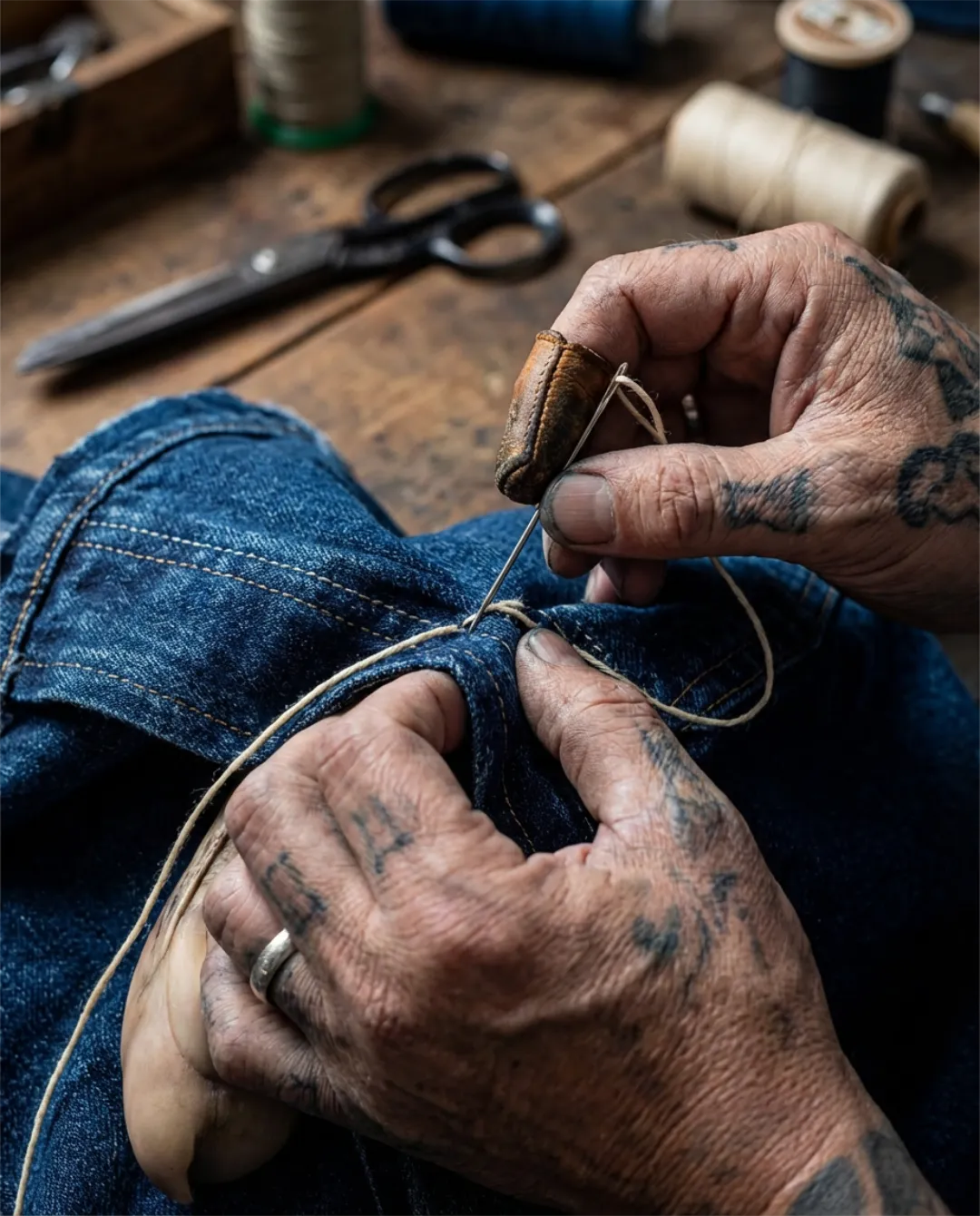 AI photography close-up of hands sewing fabric, needle and thread detail, soft natural light, artisanal craft imagery
