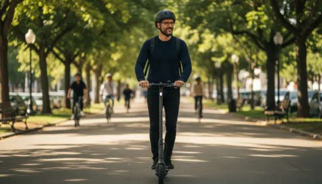 Hombre con casco en patinete eléctrico por un paseo arbolado; casco obligatorio en VMP desde el 1 de octubre de 2026