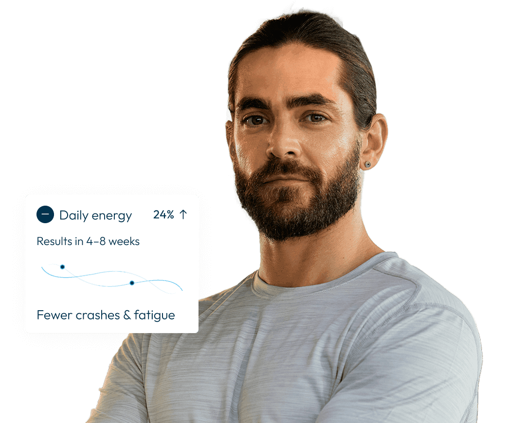 A man with an illustration of his health metrics improvement