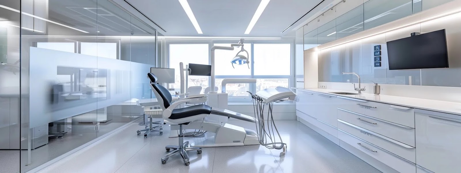 a modern dental clinic features a sleek, high-tech treatment room with a minimalist design, showcasing advanced dental equipment and bright, clinical lighting that emphasizes cleanliness and professionalism.
