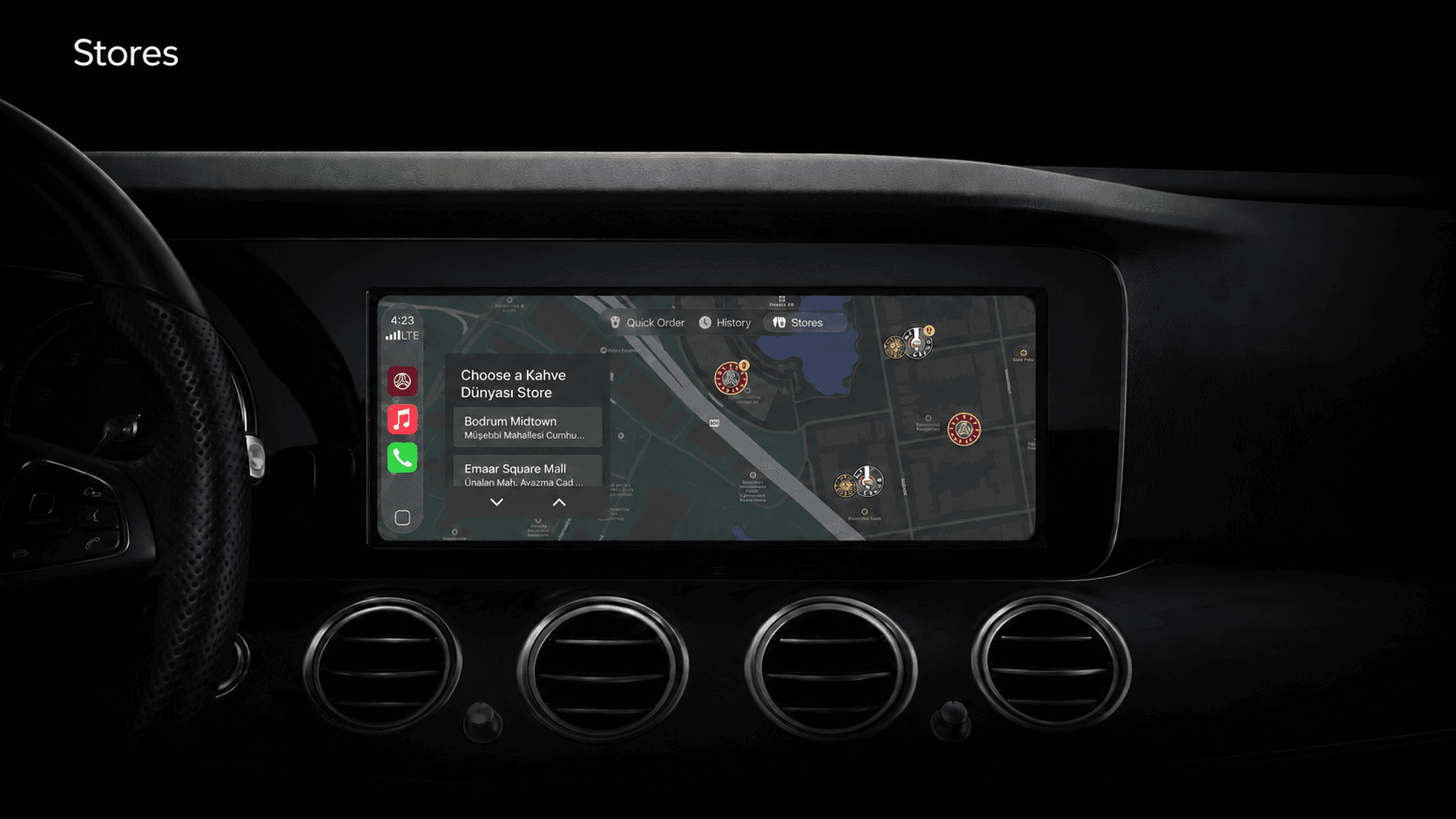 Map view showing nearby Kahve Dünyası branches in the CarPlay concept