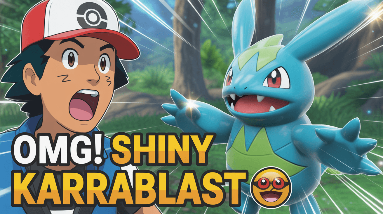 Shocked trainer beside shiny Karrablast with OMG Shiny Karrablast text on forest map background