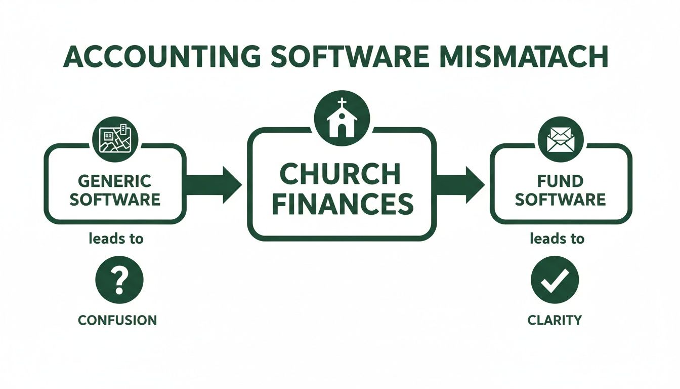 Flowchart comparing generic accounting software leading to confusion, versus fund software bringing clarity to church finances.