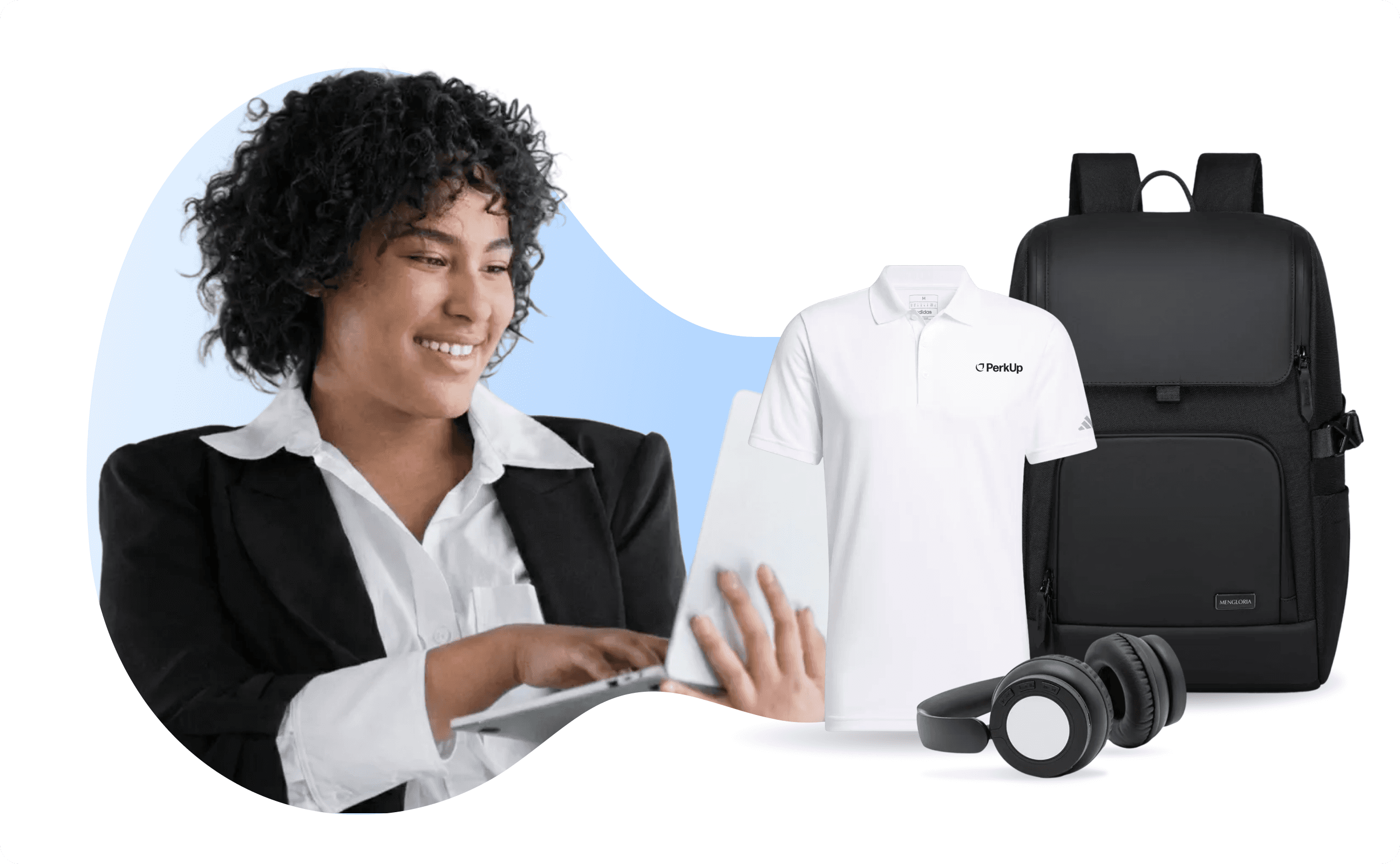 A woman smiling at a laptop. Besid her, there is a polo shirt, a backpack, and headphones.