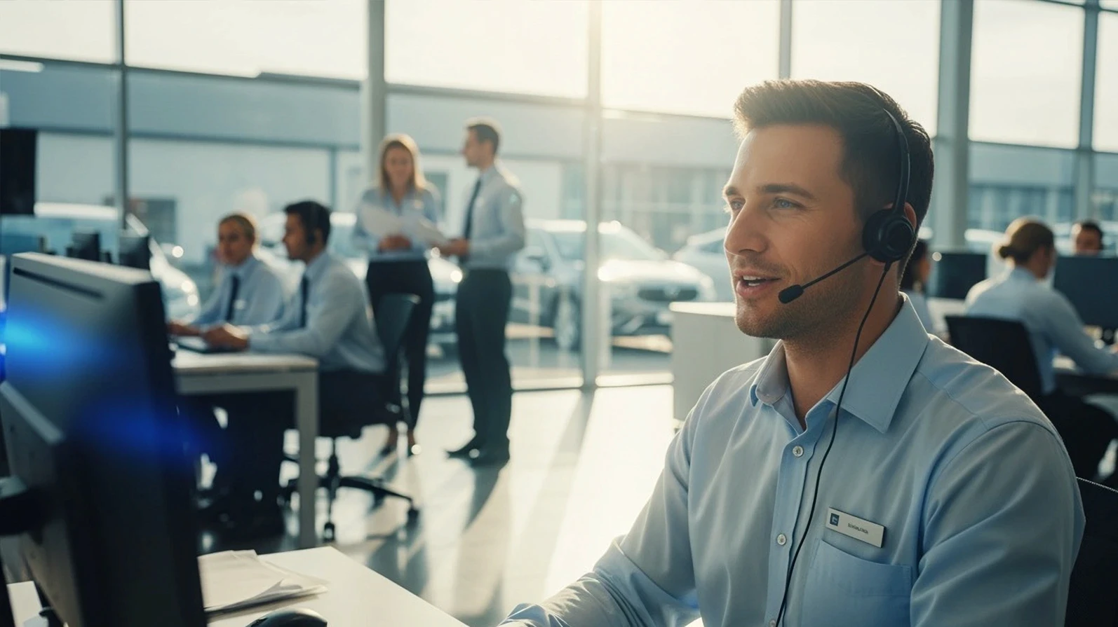 cinematic dealership call center bathed in soft natural daylight, large glass walls reflecting parked cars outside; focus on a male customer service representative in light-blue collared shirt and subtle name badge, headset on, speaking with calm confidence as sunlight grazes his face; shallow depth of field with beautiful bokeh and gentle lens flare; his computer monitor glows with cool blue light reflecting on his hands; in the softly blurred background, a diverse team of colleagues in matching light-blue uniforms converse and type naturally at sleek workstations; polished floor and diffused reflections, crisp yet warm color grading, natural body language, dynamic framing that feels like a high-end automotive commercial