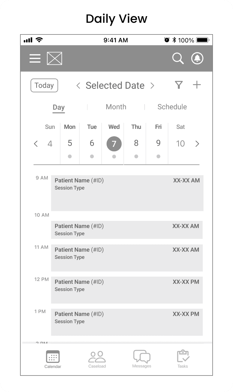Mid fidelity wireframe of daily schedule view