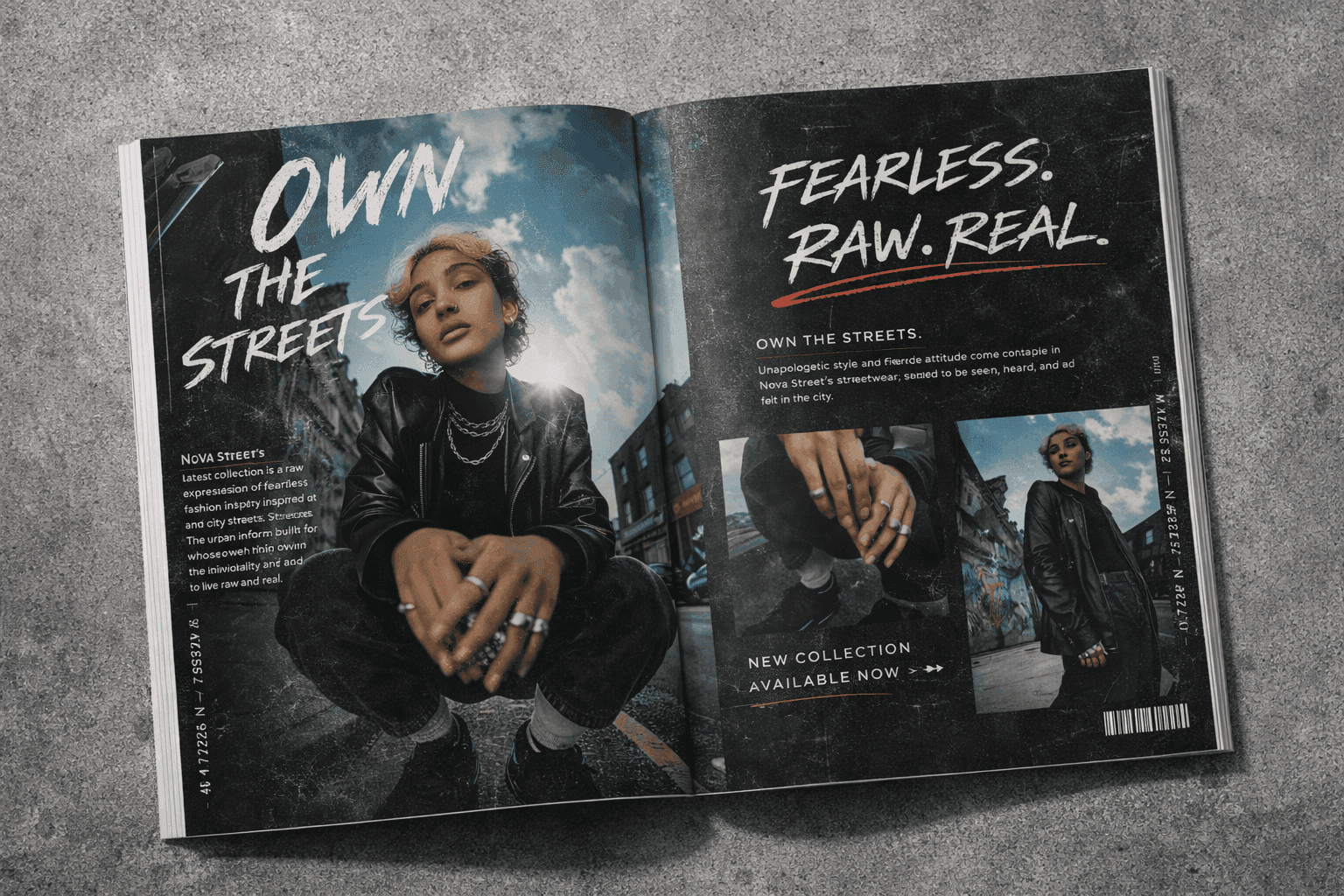 Streetwear magazine spread featuring Nova Street campaign with bold typography “Own the Streets” and “Fearless. Raw. Real.” alongside urban fashion photography