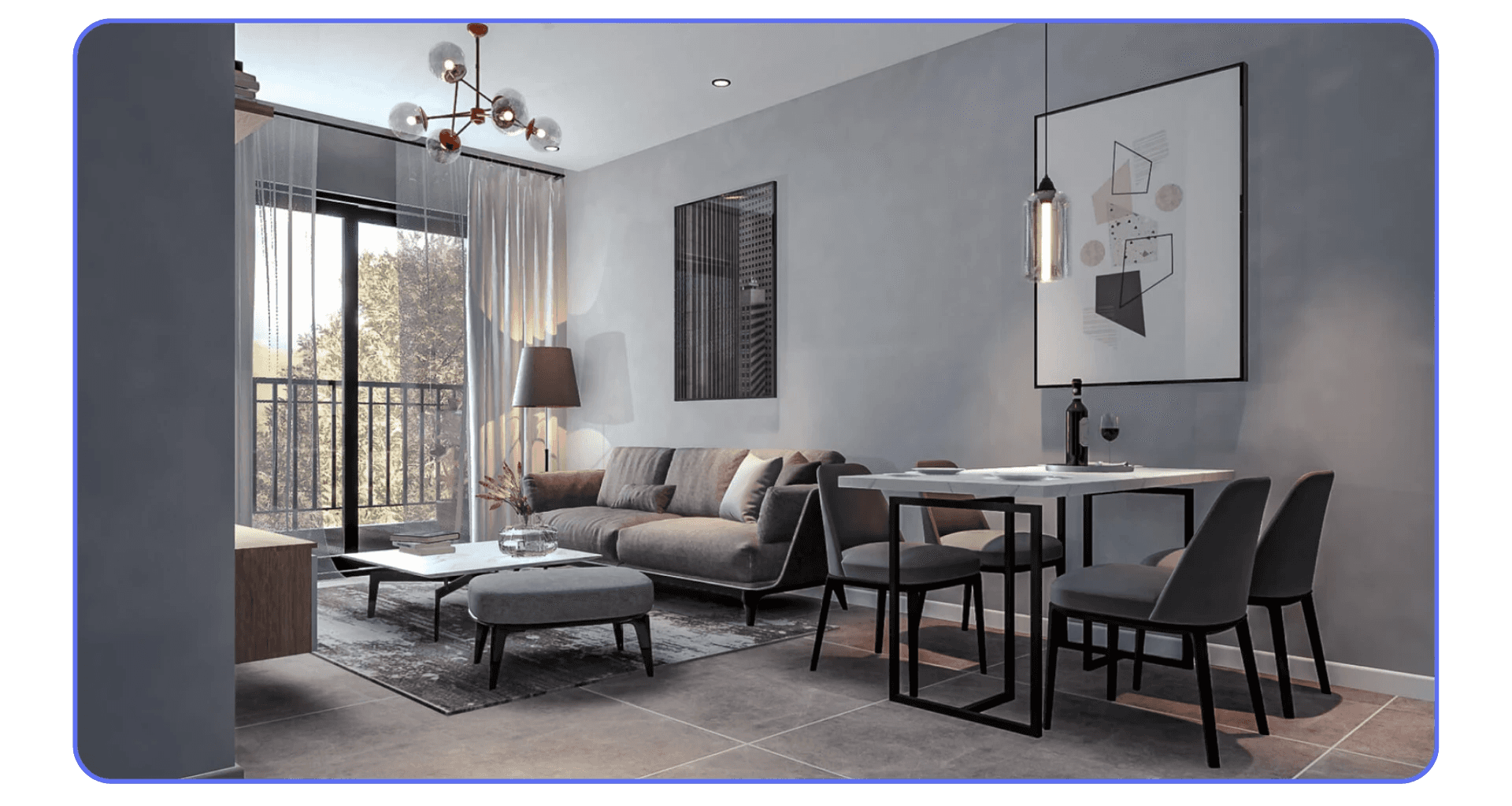Modern living and dining area rendered in Twinmotion with soft daylight and realistic materials.