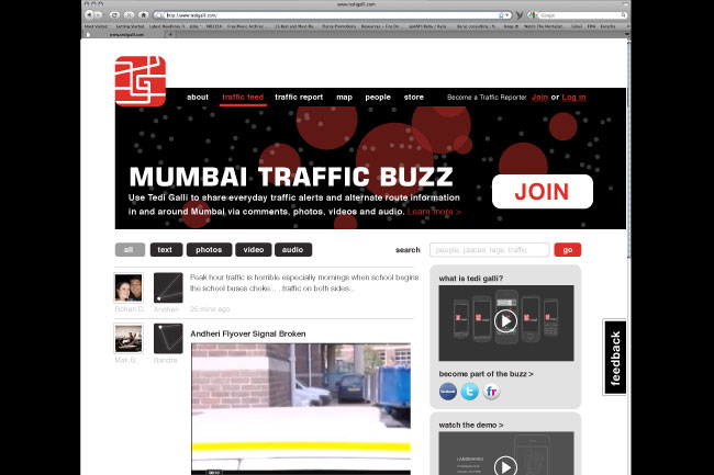 A screenshot of a website displays a banner advertising "Mumbai Traffic Buzz," promoting the sharing of traffic alerts and route information. The banner includes options for joining and logging in, along with navigation links for about, traffic feed, traffic report, map, people, and store. The website also shows images of traffic and user interactions, such as profile pictures and videos. A sidebar displays thumbnails of related content, including photos and videos. The page is viewed on a computer screen with a web browser interface.