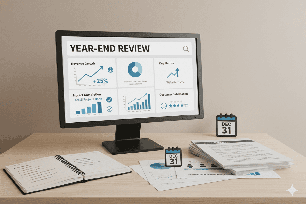 Monitor showing year-end review charts on a desk with reports and Dec 31 icons