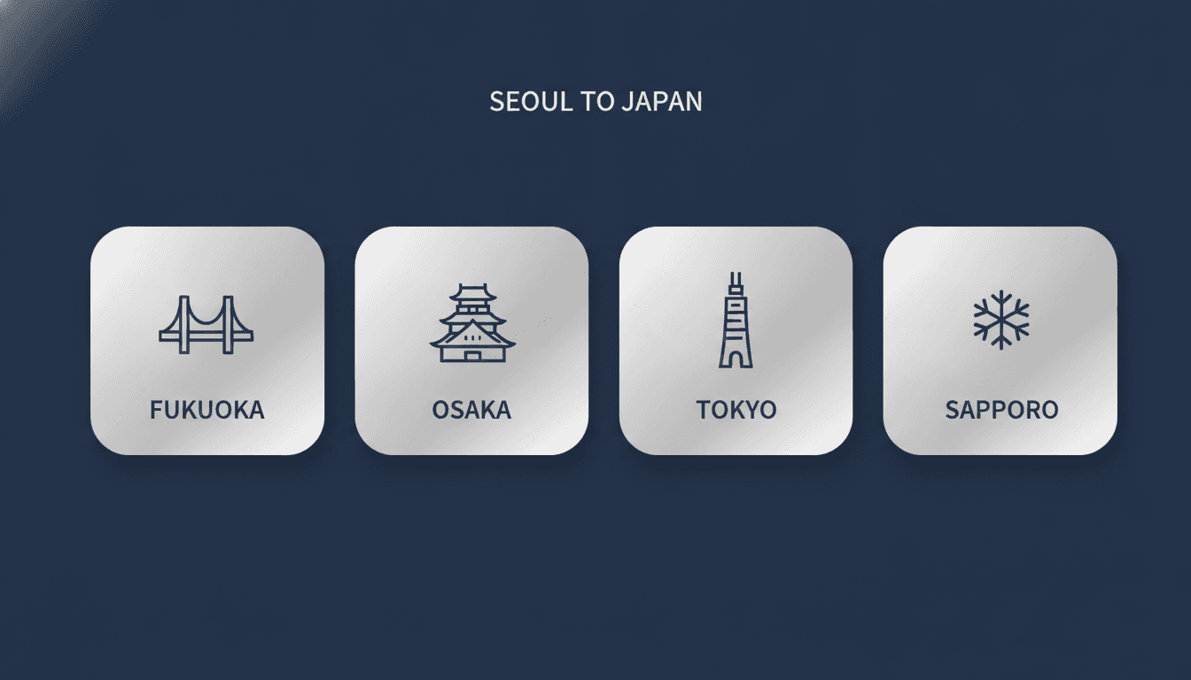 Seoul to Japan private jet routes — Tokyo, Osaka, Fukuoka flight time infographic