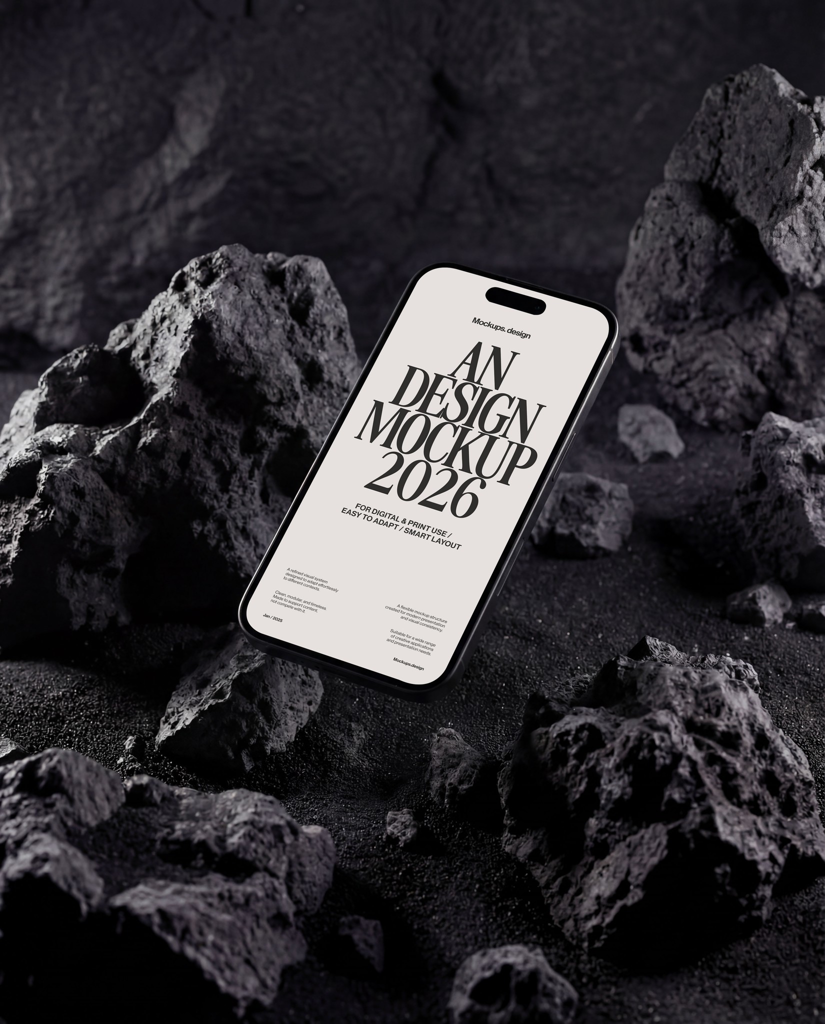 iPhone 16 3D mockup with dark rock background