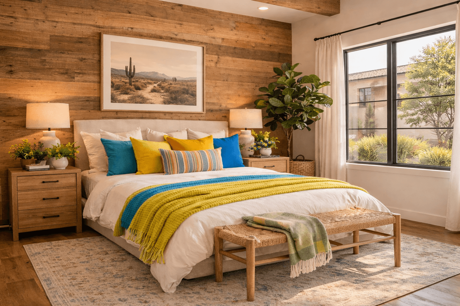 Spacious, luxurious living room with high ceilings, an elegant beige sectional sofa, warm ambient lighting, classical artwork, and rustic architectural elements, featuring an open layout with a view of a mezzanine level.