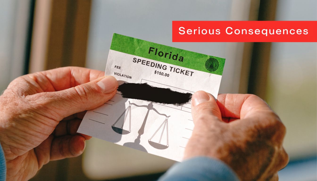 A person holds a Florida speeding ticket with a fine of 150 dollars in their hands.