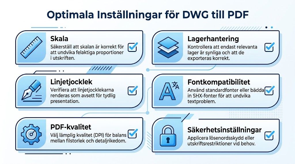 En infografik som visar optimala inställningar för att konvertera DWG-filer till PDF-format med tydliga råd.