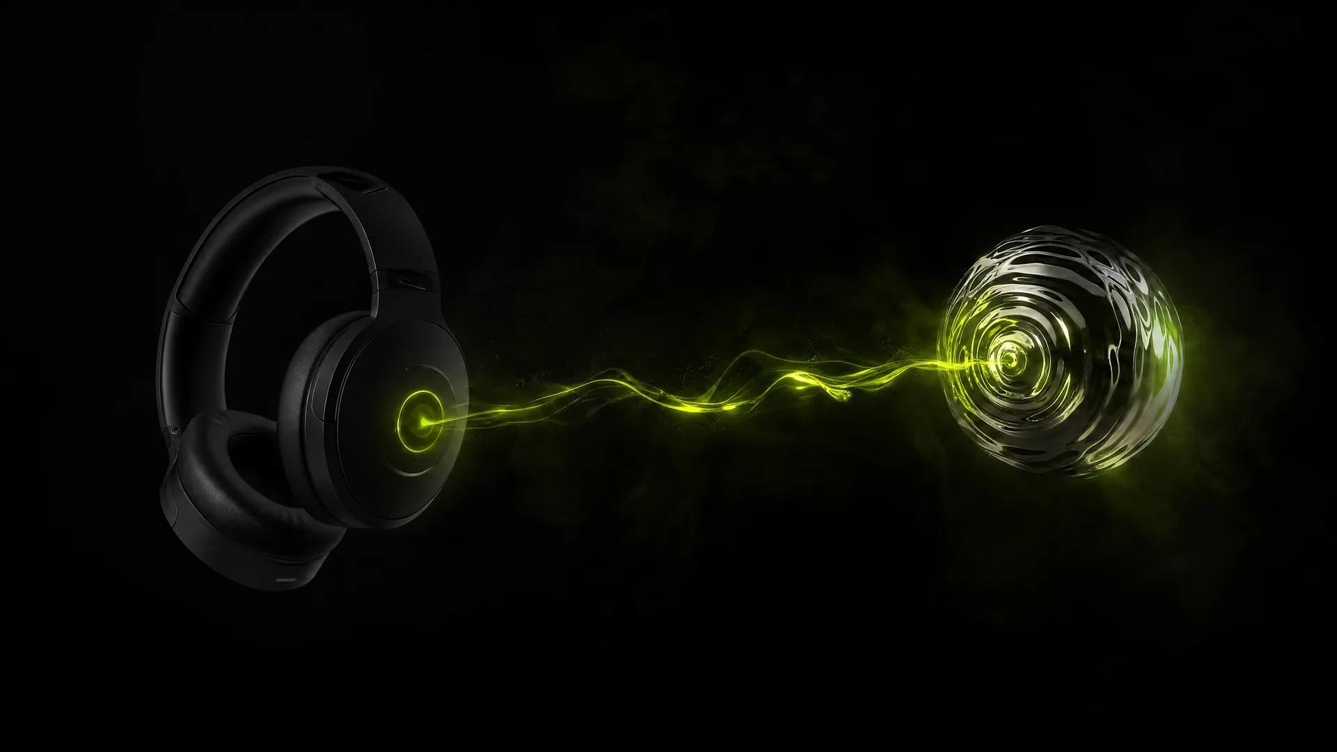 Matte black headphones in darkness sending a thin lime light pulse toward a floating liquid chrome sphere