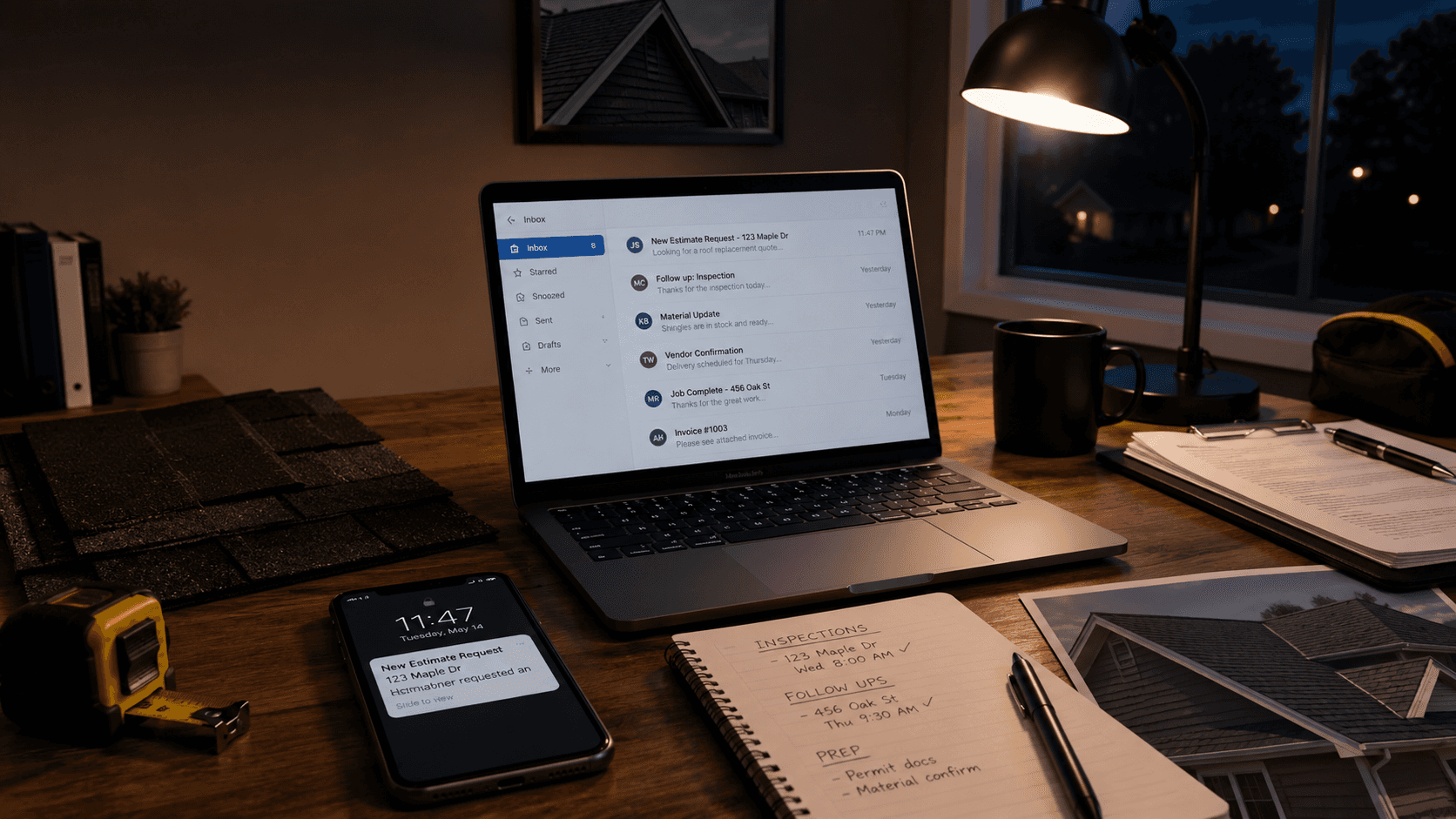 After-hours roofing office desk with a laptop inbox, phone estimate request, inspection notes, shingles, and tape measure.