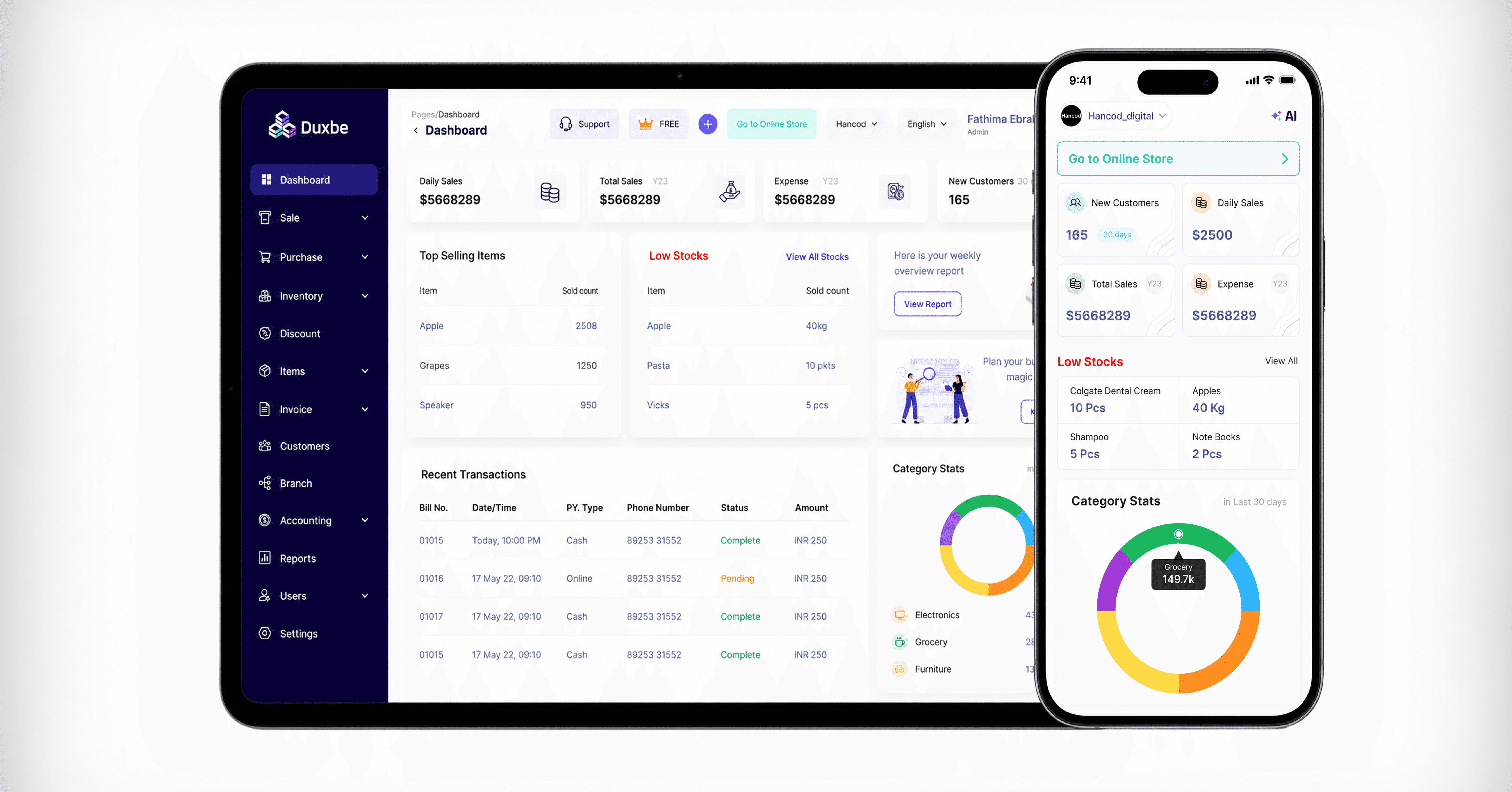 Business dashboard showing revenue, deals, customer list, growth chart, and new activity. 