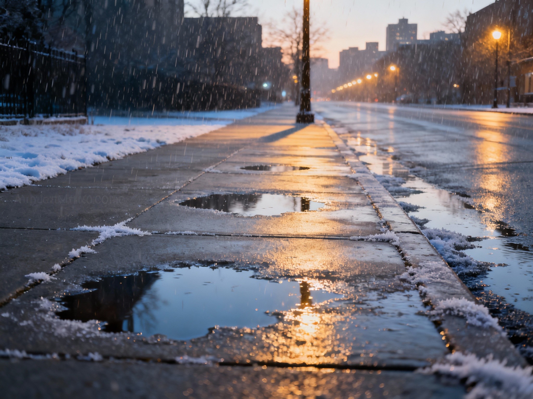 An editorial-style photograph of an urban street at dawn, showcasing glistening sidewalks and frozen