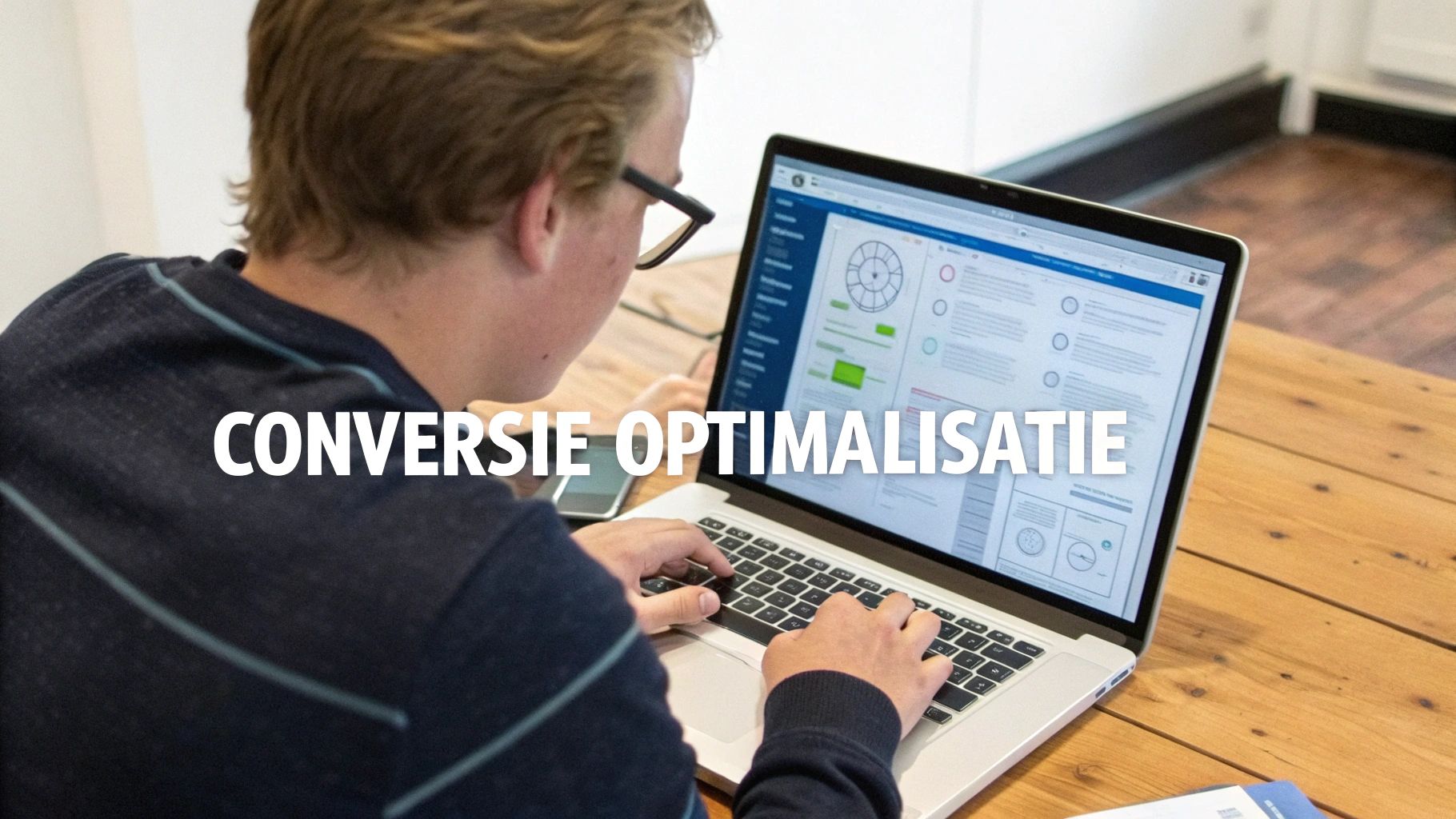 Jonge man met bril typt op zijn laptop voor conversie optimalisatie, met data op het scherm.