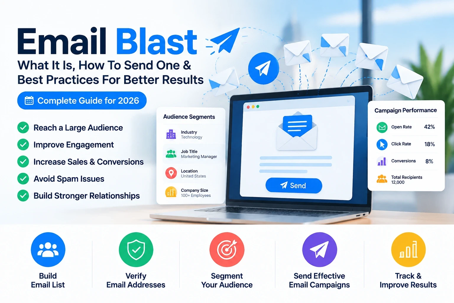 Email blast marketing guide showing B2B email campaigns, audience segmentation, email automation, and business outreach strateg