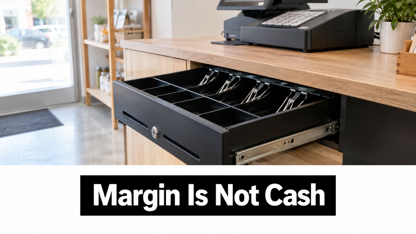 An open cash register drawer resting on a wooden counter with the text Margin Is Not Cash.