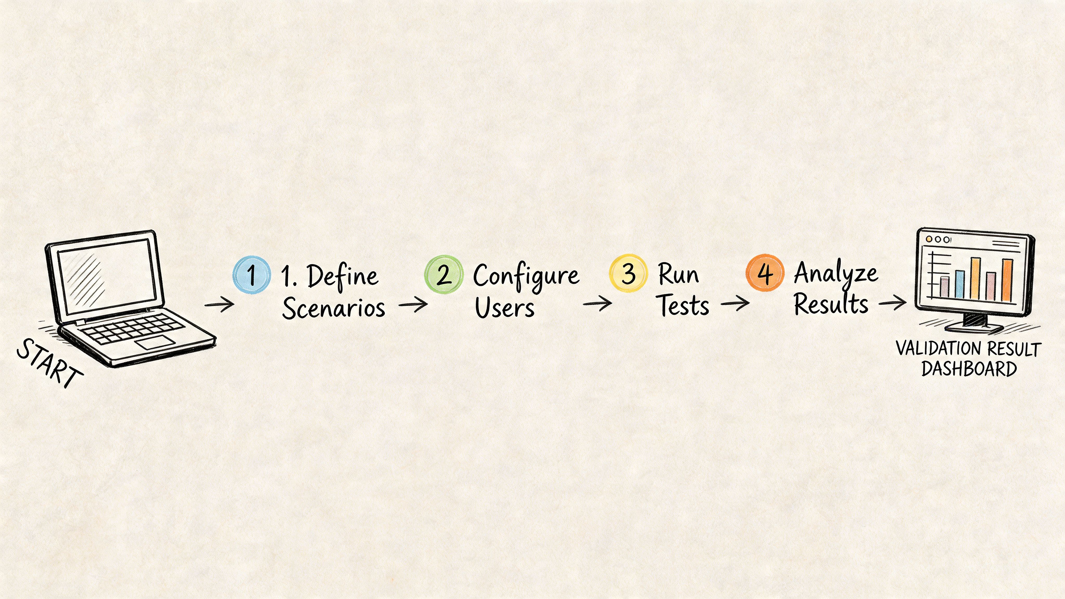 A hand-drawn illustration depicting a four-step process for website performance validation using synthetic users.