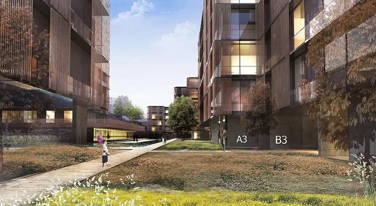 Passage and landscaping between the blocks