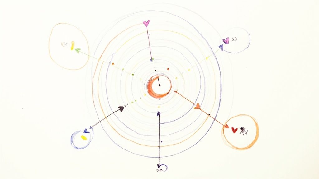 A hand-drawn diagram with concentric circles, colored arrows pointing to hearts, abstract shapes, and a spider.