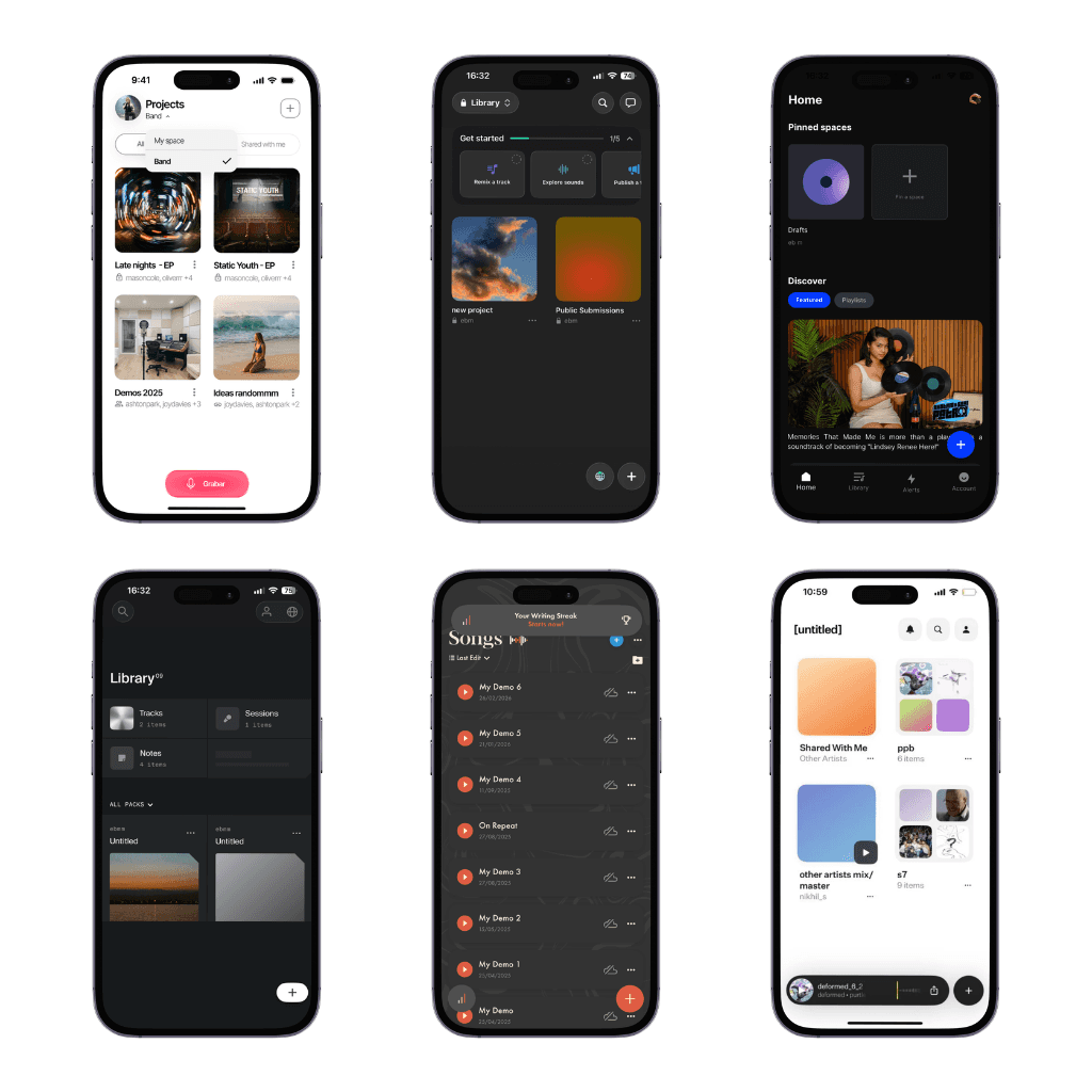 Pantallas de app móvil mostrando interfaz de música y funciones