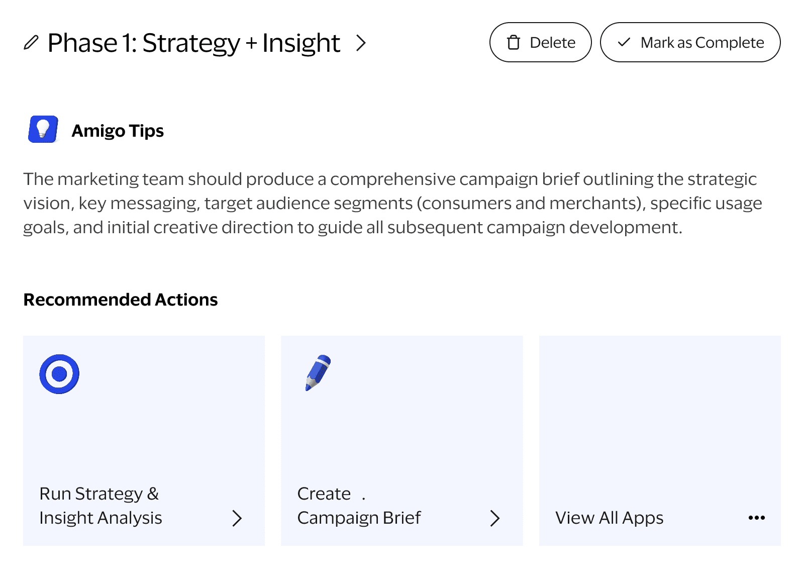 Screenshot of marketing campaign landing page, showcasing tips and recommended actions in phase 1.