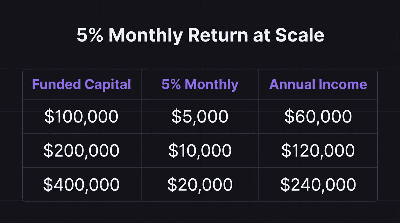 Comparison table showing 5% monthly return calculations at different funded capital levels