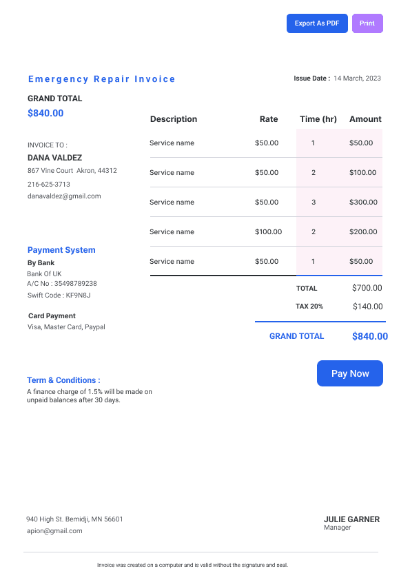 Emergency Repair Invoice