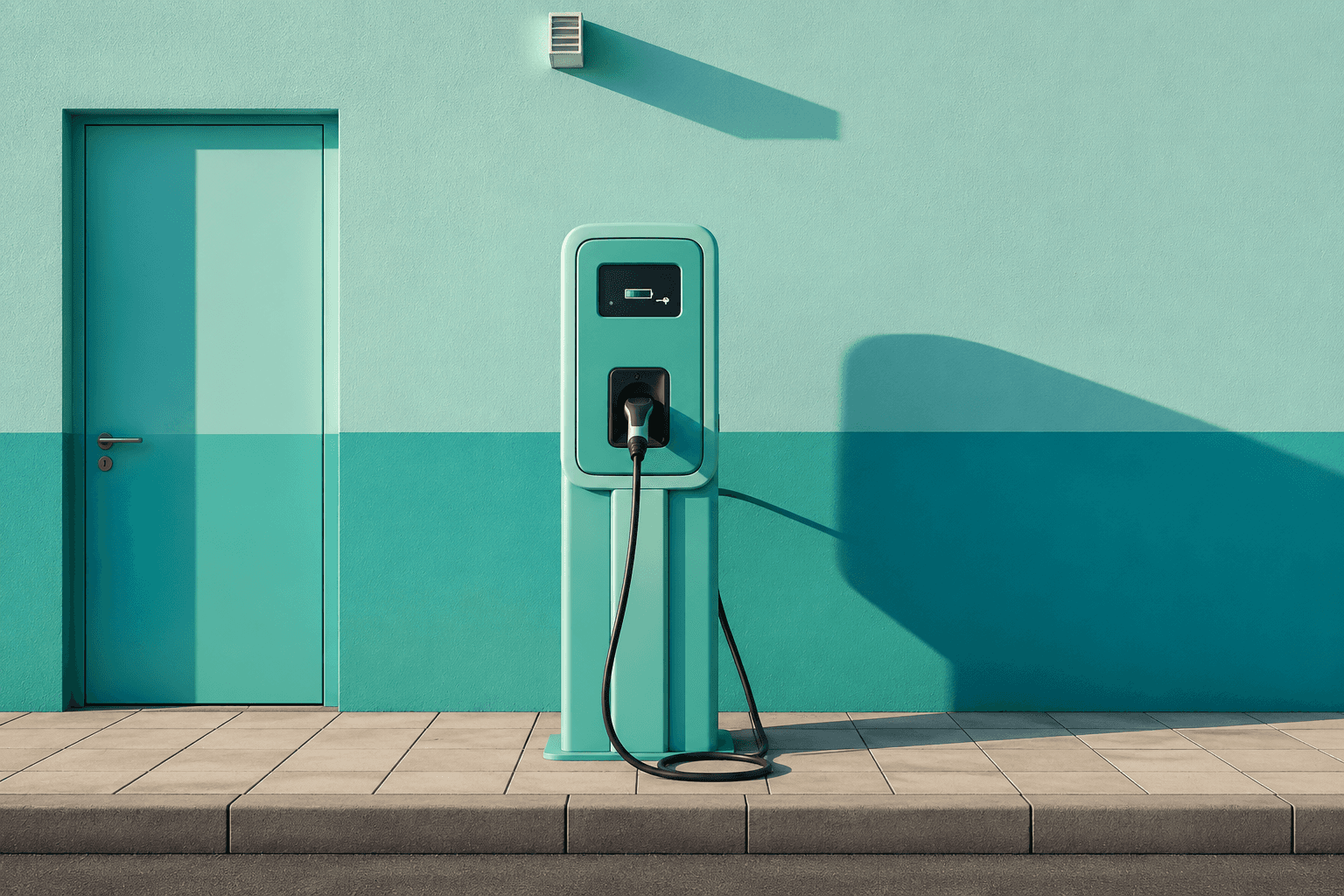 Borne de recharge véhicule électrique sur fond bleu