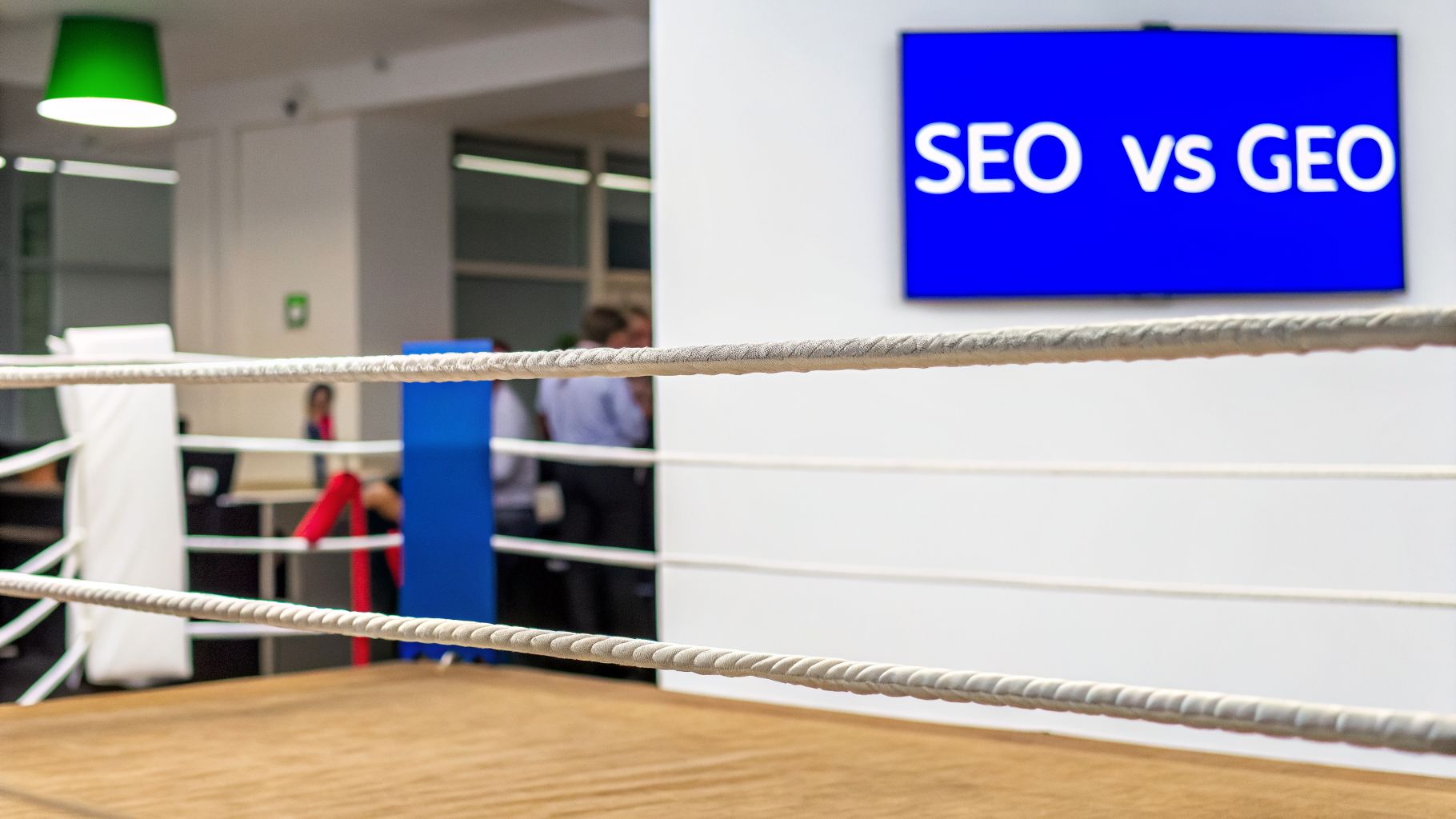 Un ring de boxe avec un écran bleu affichant 