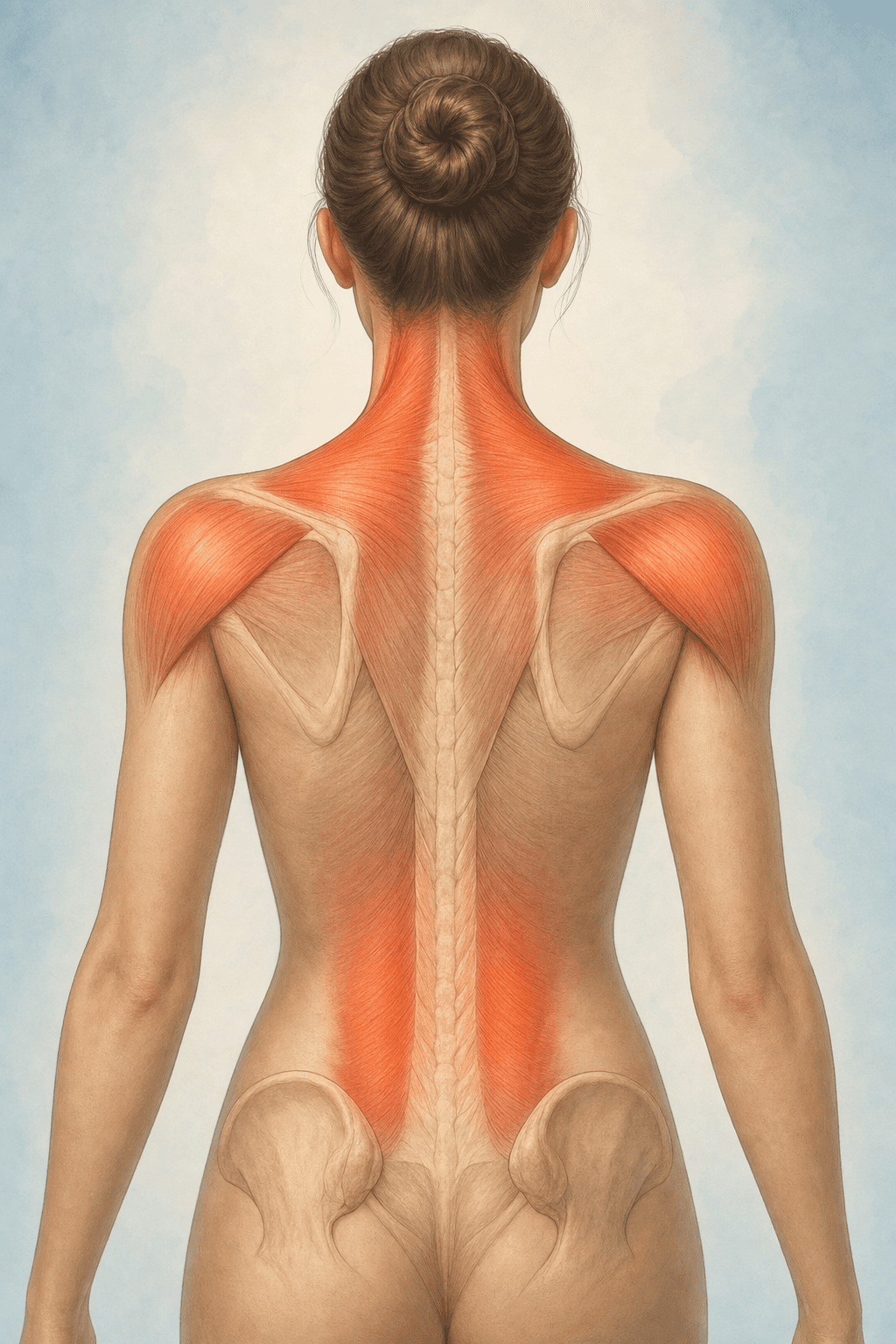 A calm, clinical illustration showing the human upper body from behind in soft neutral tones, with highlighted areas indicating muscle tension in the neck, shoulders, upper back, and lower back. The figure should be anatomically accurate but simplified, using warm highlighting or gentle color gradients to show common tension points. Professional medical illustration style, clean and educational, no face visible, peaceful color palette of blues and warm earth tones.