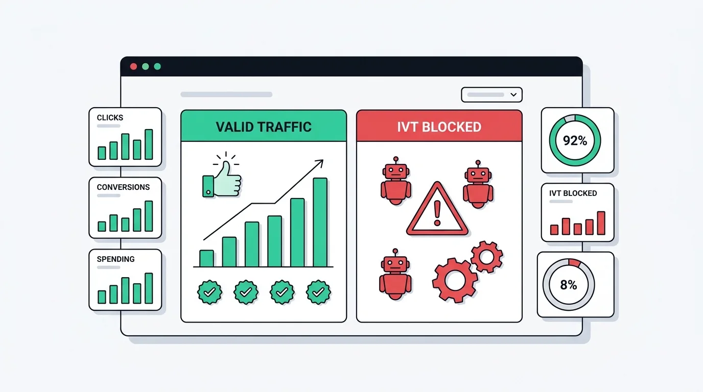 Marketing analytics dashboard for a consumer-health brand split into a healthy green valid-traffic segment and a smaller red invalid-traffic segment