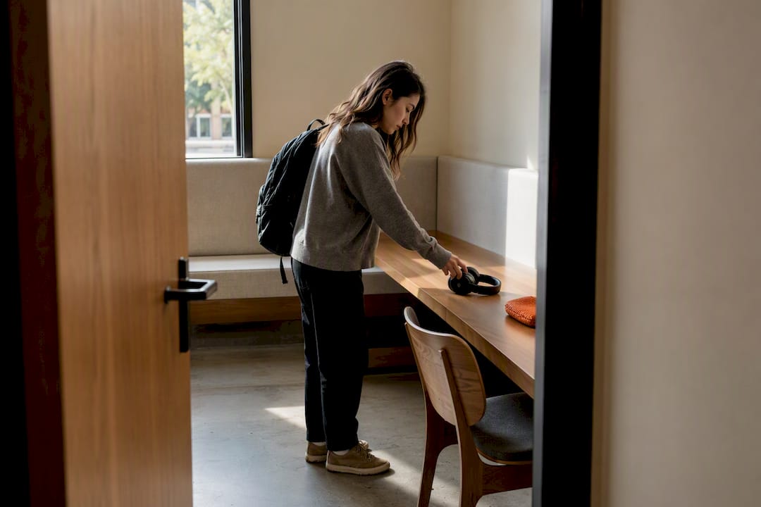 Estudiante con auriculares en una sala tranquila