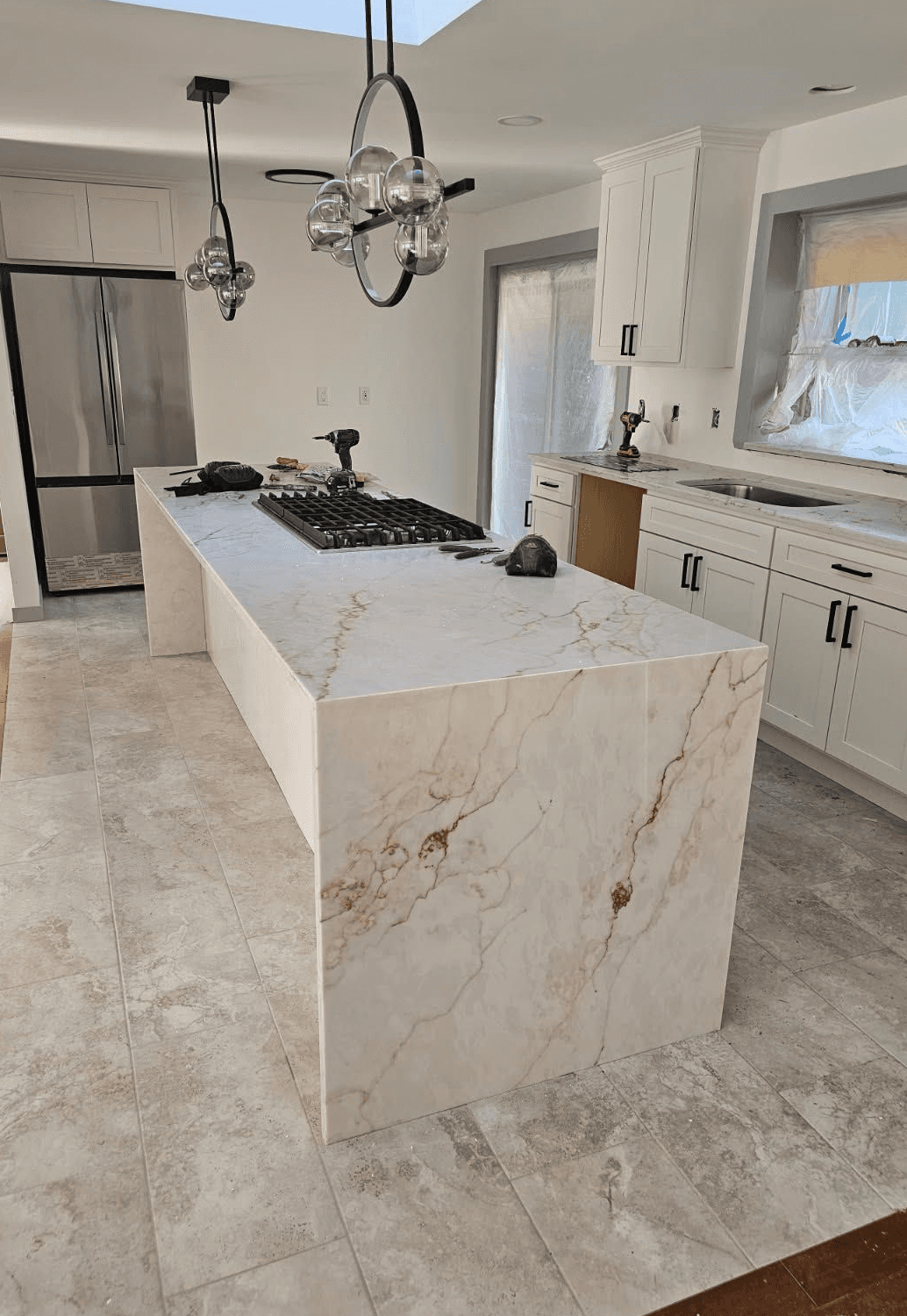 kitchen with rectangular white wooden table