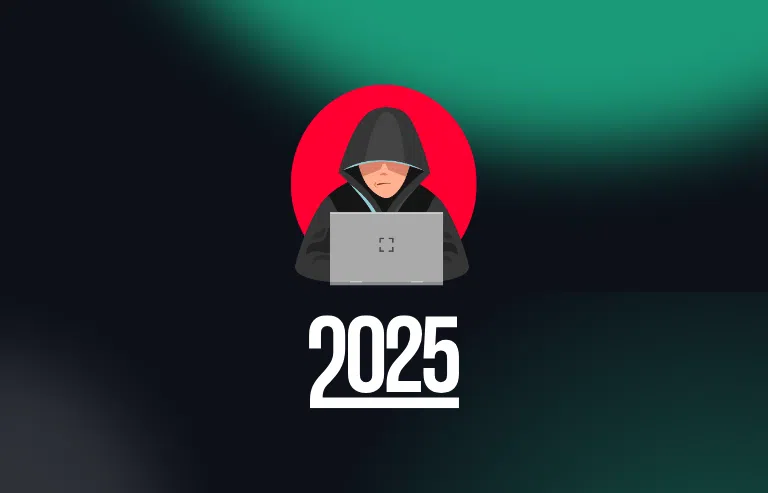 Dunkler Hintergrund mit einem Betrüger und dem Jahr 2025.