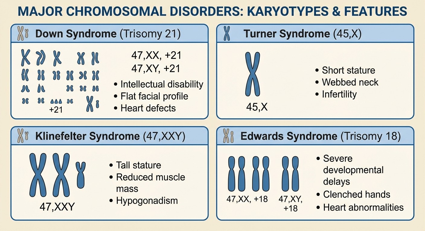 Chromosomal disorders reference chart showing karyotypes for Down syndrome, Turner syndrome, and other NEET PG high-yield conditions