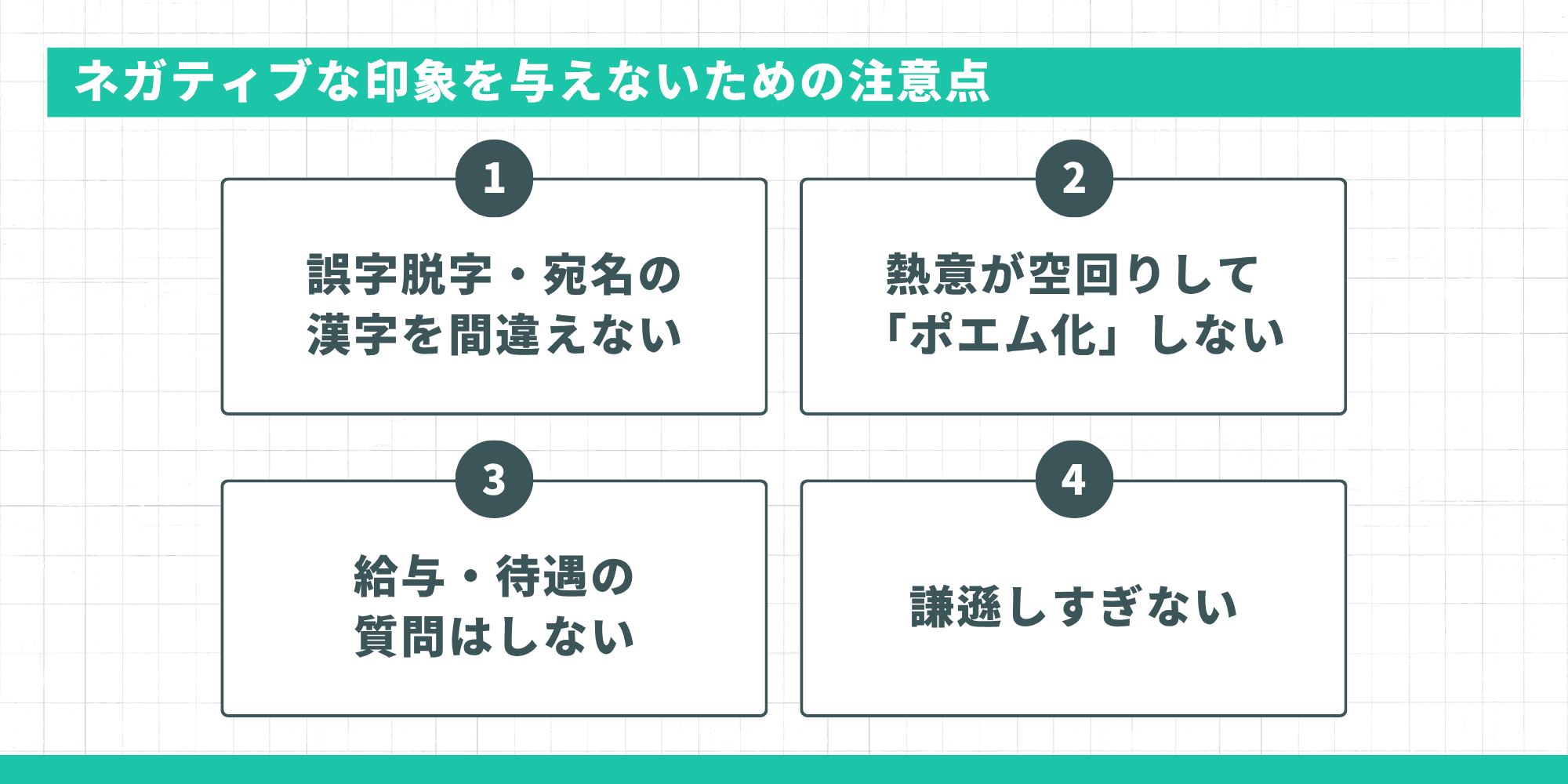 ネガティブな印象を与えないための注意点。誤字脱字・宛名の漢字、ポエム化、給与・待遇の質問、謙遜しすぎに注意