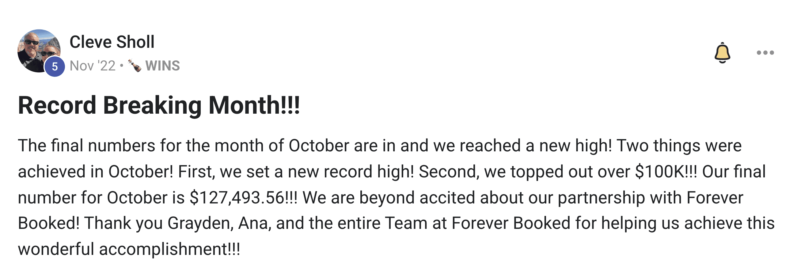 Forever Booked results showing Aesthetic Solutions celebrating a record-breaking October with $127,493 in revenue, surpassing $100K for the first time, Forever Booked results showing detailed cash breakdown for Aesthetic Solutions October 2022 including $60K Visa, $32K MasterCard totaling $127,493