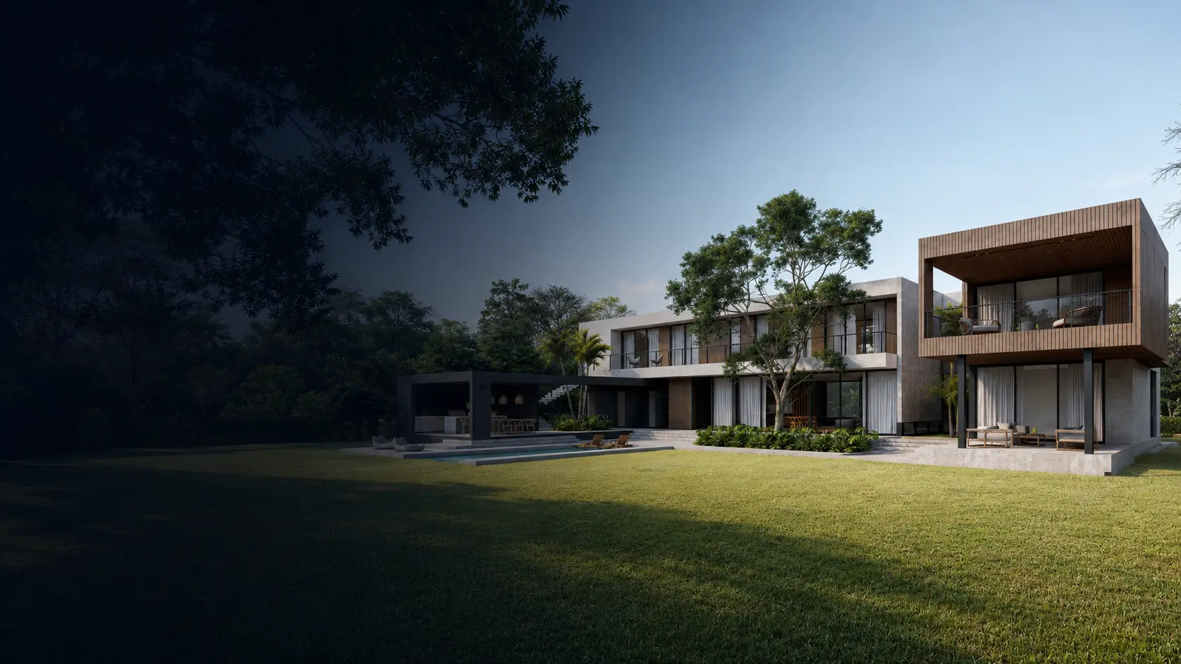 Contemporary estate home in Pinecrest, Miami at dusk with a cantilevered wood-clad volume, concrete facade, pool, and a large landscaped lawn