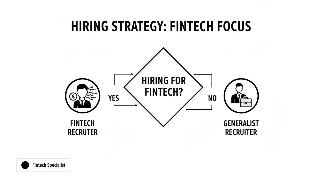 Flowchart illustrating a fintech hiring strategy, directing to a fintech or generalist recruiter.