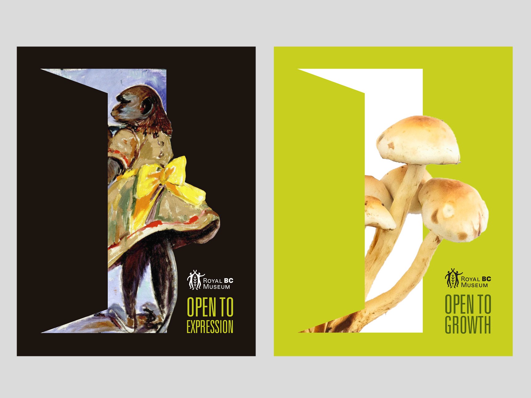 A set of two advertisements. The left advertisment features the image of an illustrated monkey and the headline Open to Expression and the second advertisement features an image of mushrooms and the headline Open to Growth