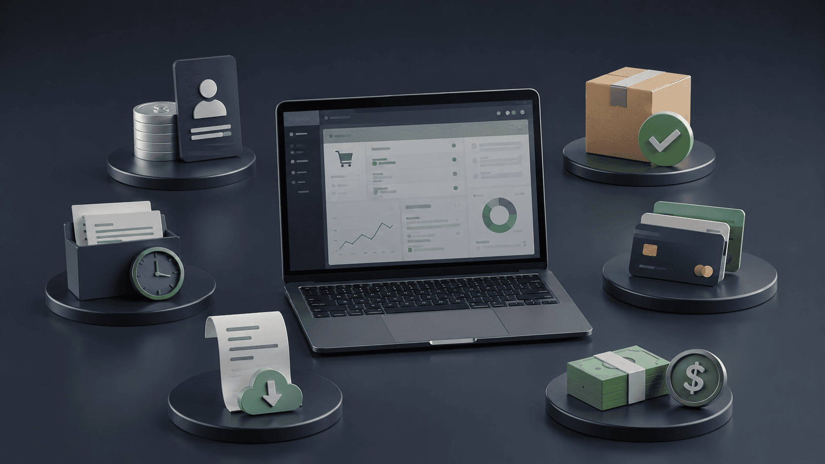 Ilustração realista em 3D de um portal B2B exibido em um notebook moderno ao centro. Ao redor da tela, seis elementos visuais representam funcionalidades essenciais para revendedores: identificação de cliente com preços personalizados, caixa de produto com indicador de estoque disponível, histórico de documentos e pedidos, cartões de pagamento, documento para segunda via e pilhas de dinheiro simbolizando limite de crédito. Ambiente corporativo com iluminação suave, tons escuros e acabamento tecnológico, sem pessoas e sem texto.