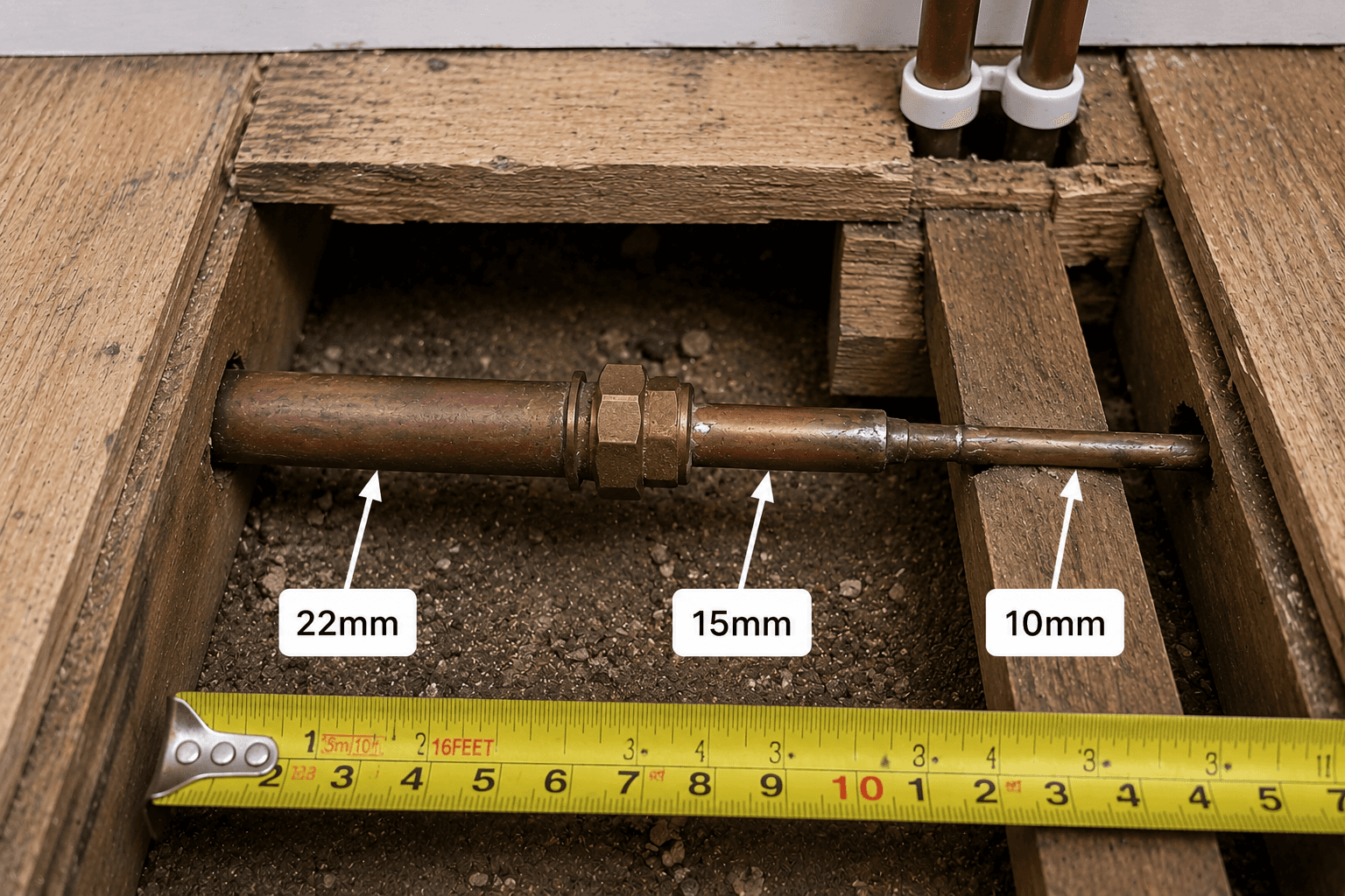 Microbore pipework connections measured with a ruler inside a 1930s Leeds property being assessed for heat pump compatibility before installation