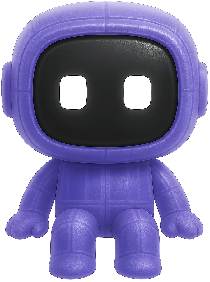 A cute purple character with a round black face and large white eyes, sitting against a gray background.